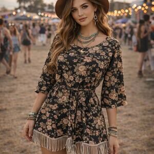 Homemade Floral Fringe Dress Sz S Boho Cottagecore Dark Academia Retro Y2K Indie